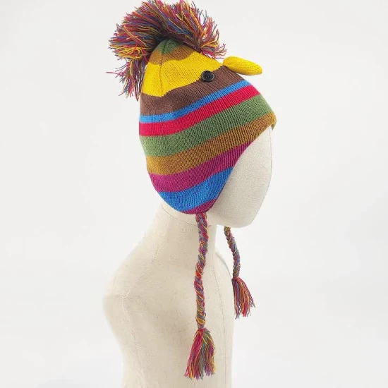 Kinder, Mädchen, Jungen, Kinder, warm, weich, lässig, gelb, mehrfach gestrickt, Huhn-Tier-Design, handgefertigt, Knopf, Pailletten, Deco-Mütze, lässige Beanie-Mütze mit Ohrenklappen