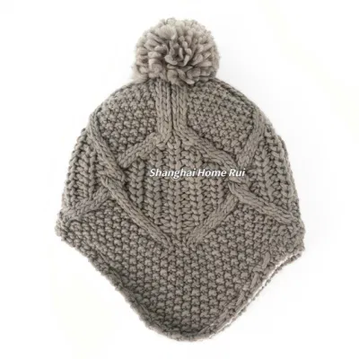 Damen-Mütze, warm, weich, dick, lässig, Acryl, Kamel-Bommel, Fleece, Sherpa-Futter, gestrickt, mit Zopfmuster, lässige Beanie-Mütze, Ohrenklappe